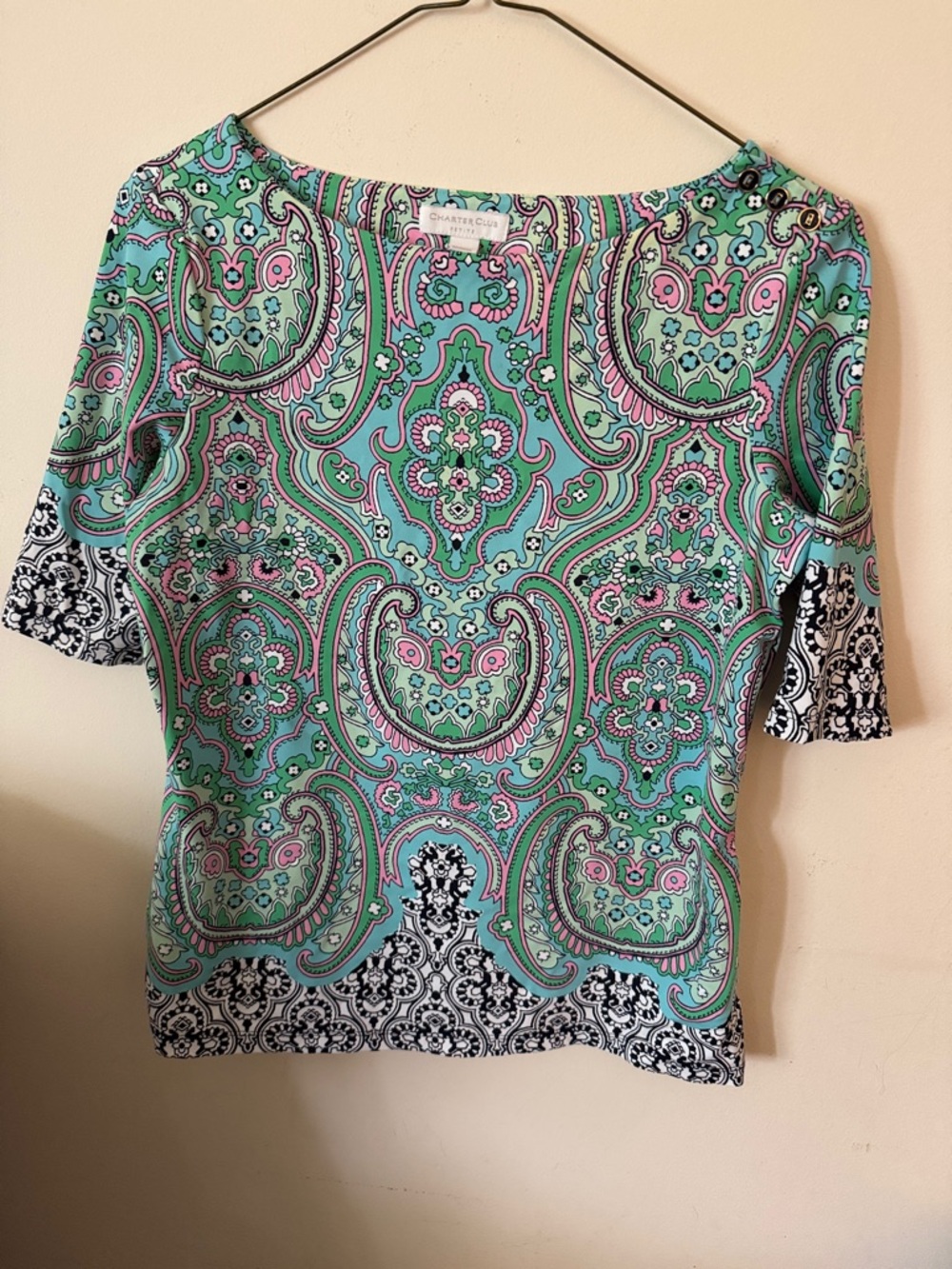 Charter Club Mint Green Paisley Boatneck Top with Pink Accents